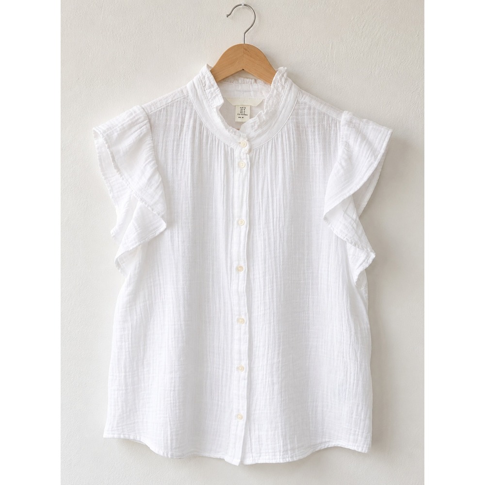 H&M White Ruffle Flutter Sleeve Gauze Button Down Blouse M Top Boho Cottagecore